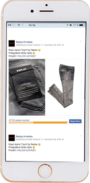 Prikaz specifičnih oglasa koji ističu funkcionalne prednosti i benefite koje donosi Replayev jeans.